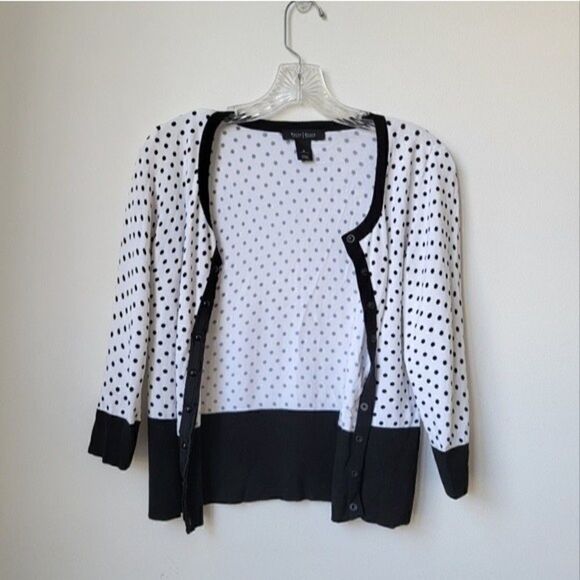 WHITE House Black Market Polka Dot Print Black White 3/4 Sleeve Cardigan Small - Picture 9 of 9
